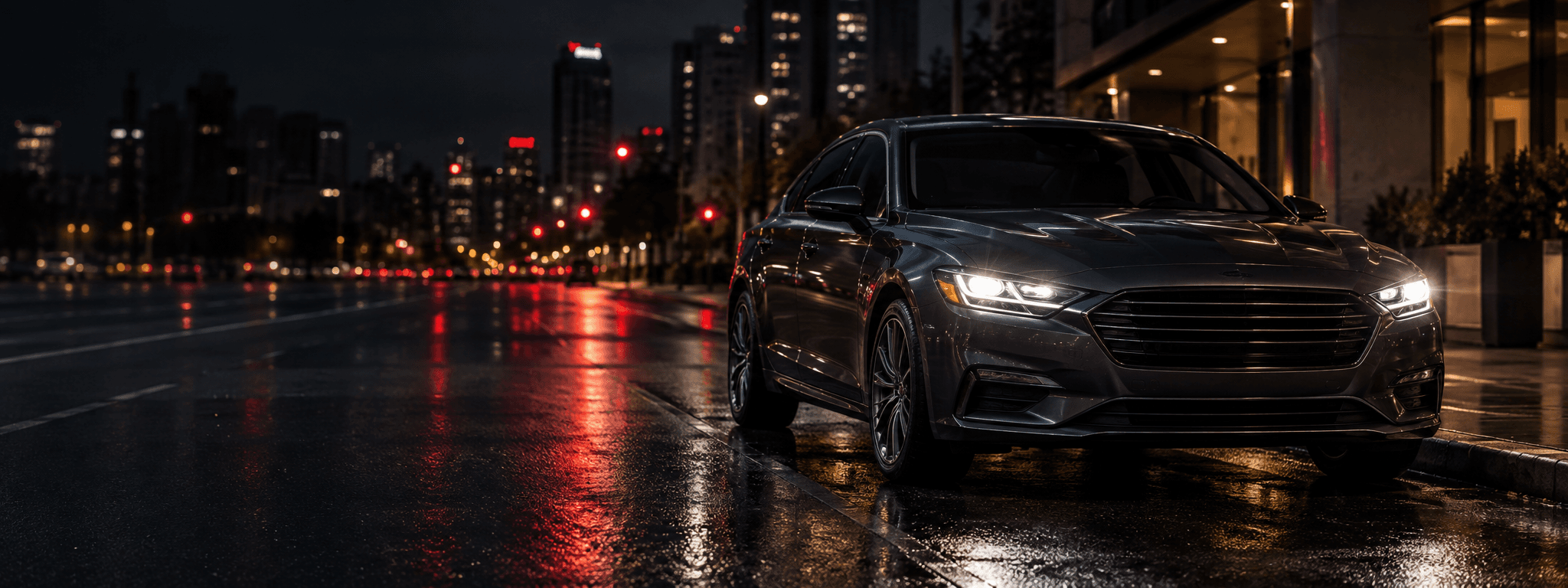 A premium sedan waiting on a city street at night